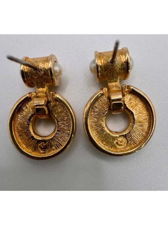 Swarovski Door Knocker Earrings Gold Tone Rhinestone Dangle Signed VTG Pierced - Picture 6 of 7